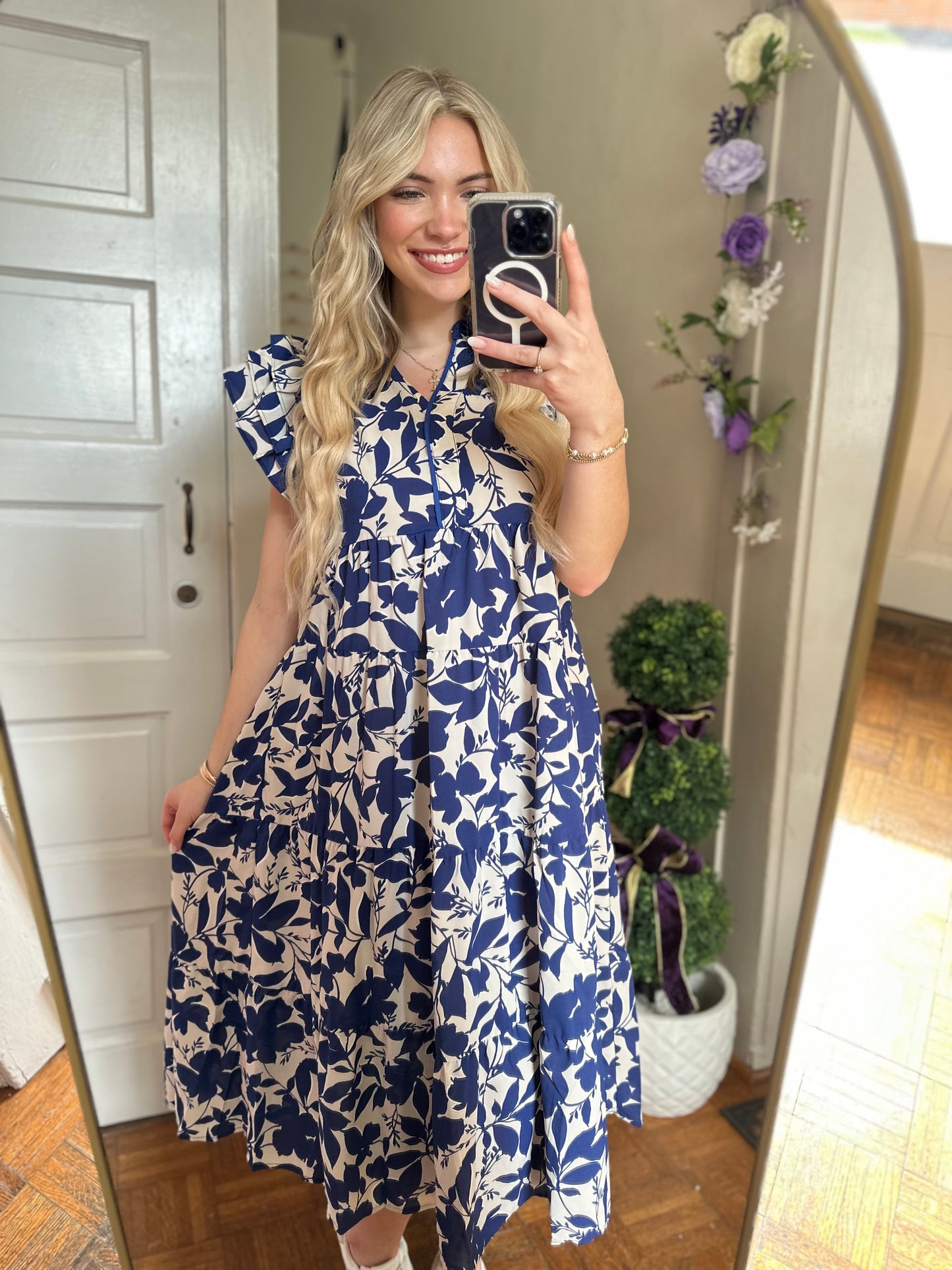 Natalie Navy Floral Tiered Maxi Dress