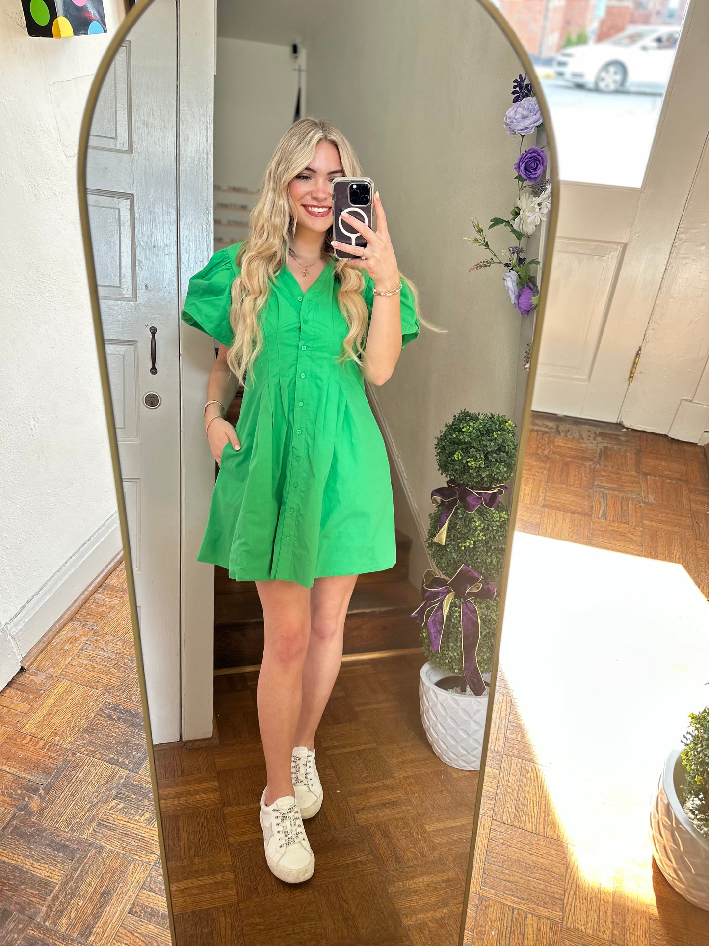 Kelly Green Pleated Bubble Sleeve Mini Dress
