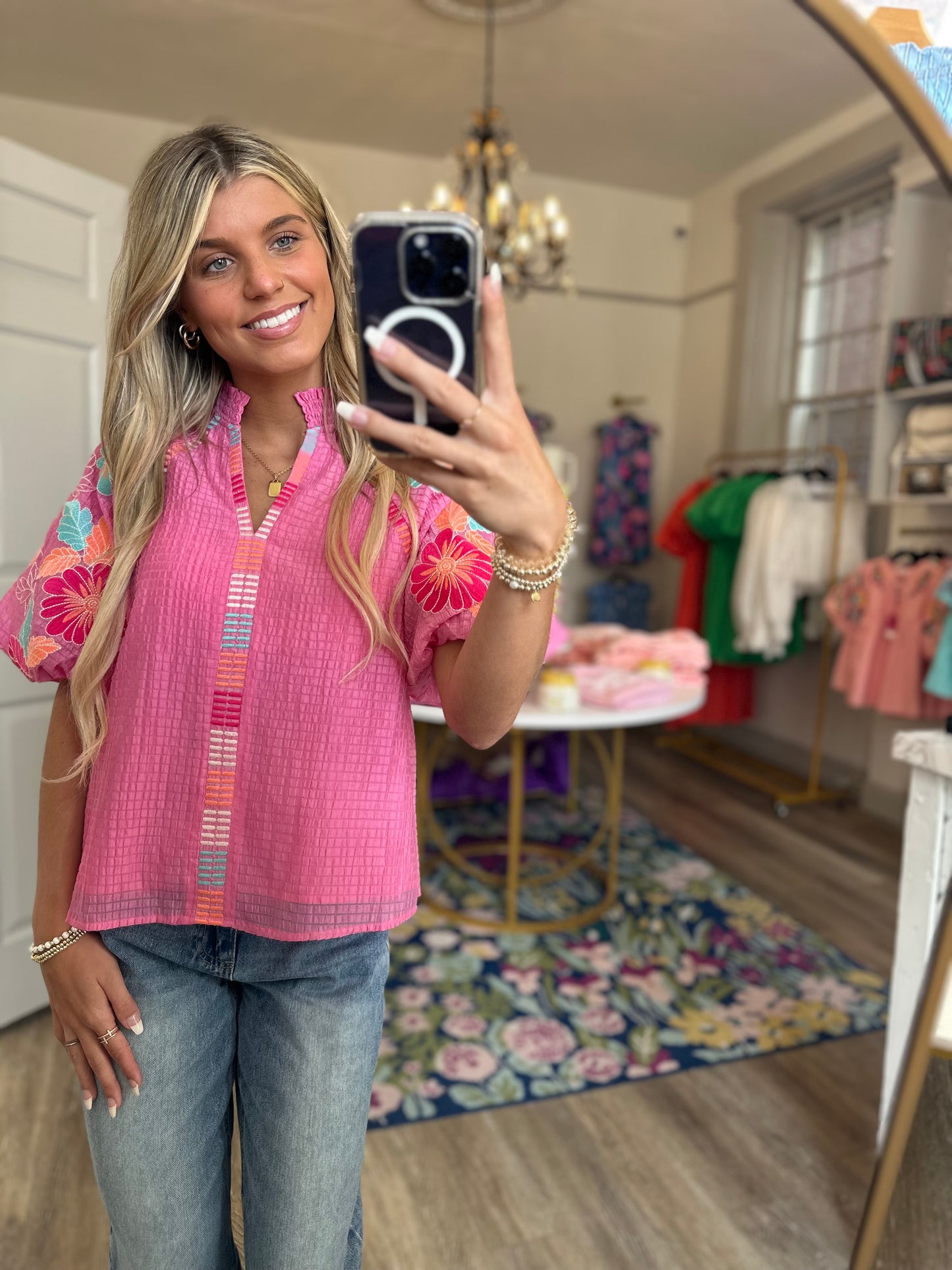 Hillary Embroidered Puff Sleeve Textured Top in Pink