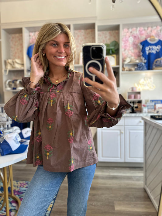 Evie Brown Floral Print Top