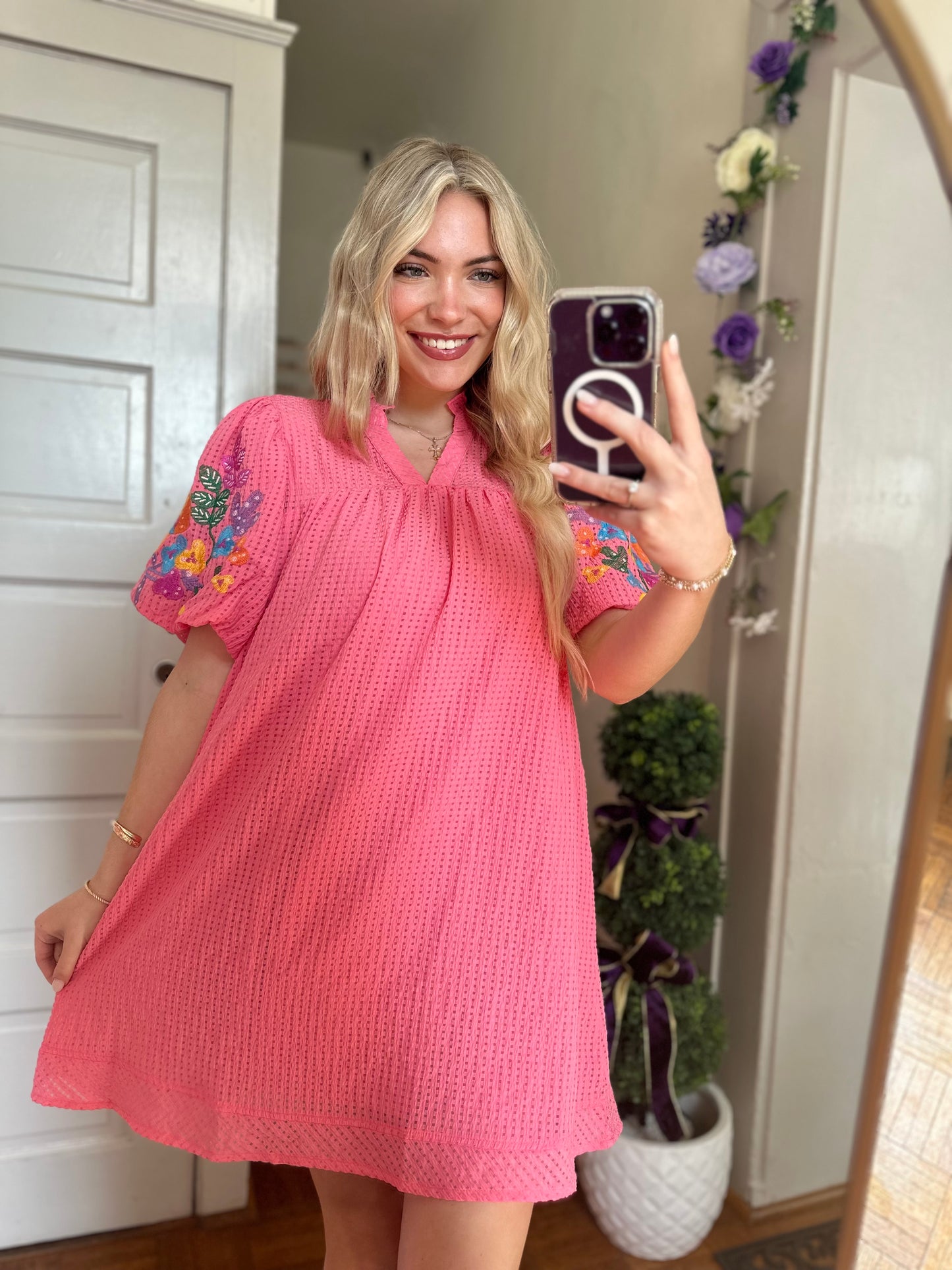 Caroline Seersucker Coral Embroidered Mini Dress
