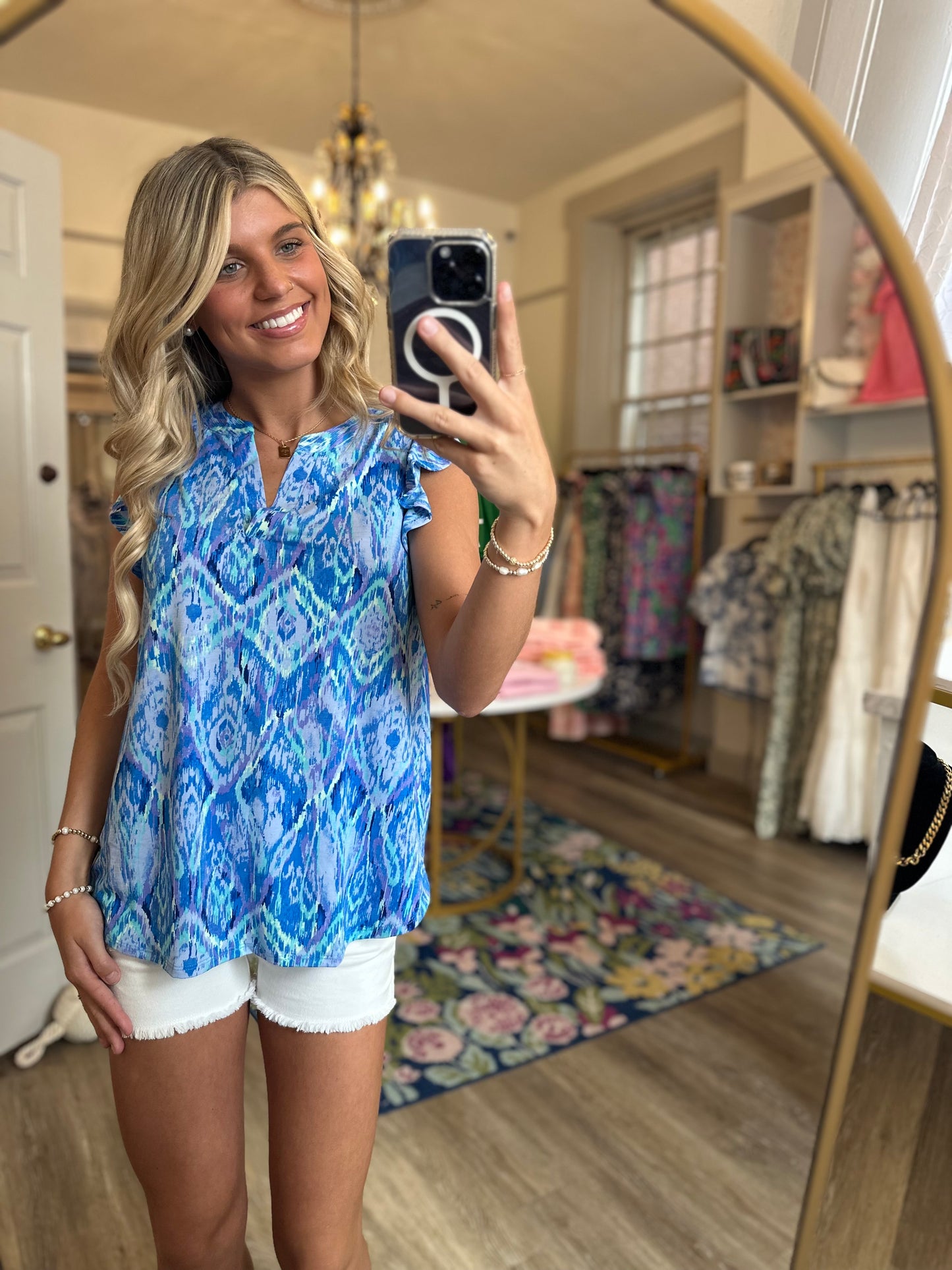 Island Time Blue and Lavender Tropical Print Top