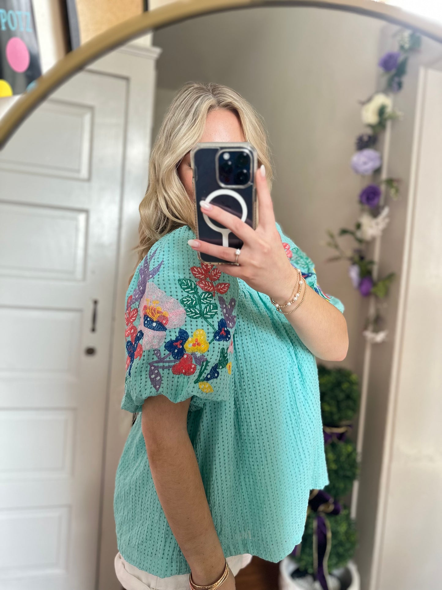 Maya Mint Seersucker Top with Embroidered Sleeves