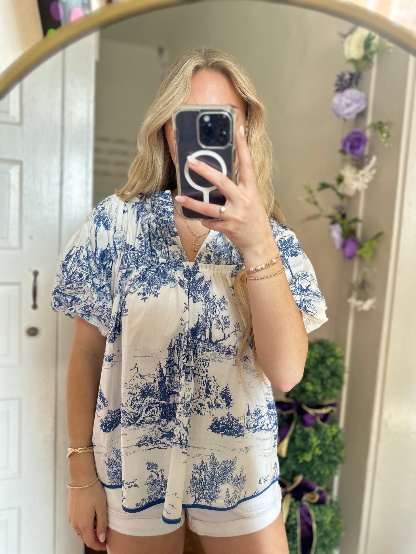Elizabeth Toile Print Top in Blue and White