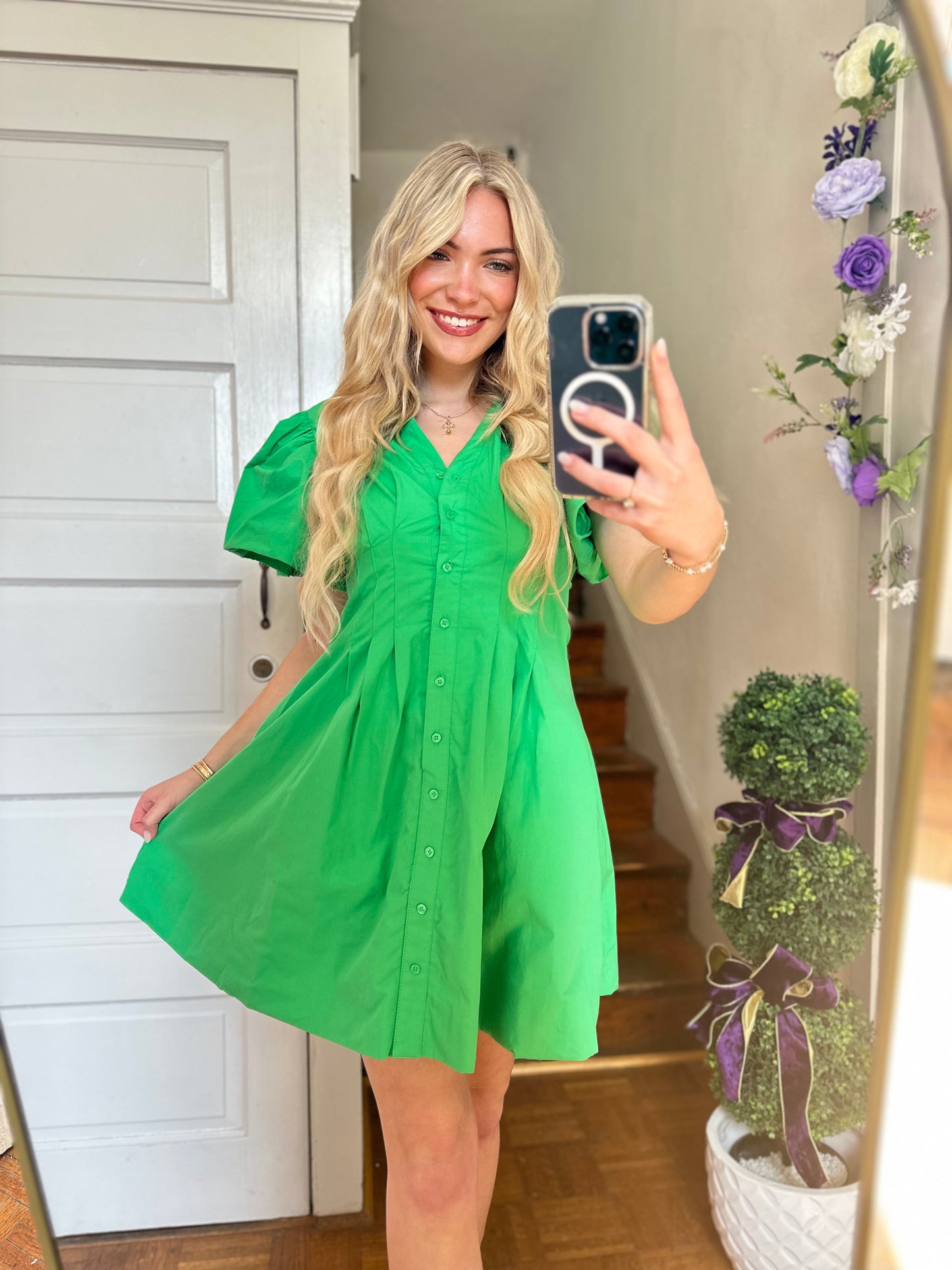 Kelly Green Pleated Bubble Sleeve Mini Dress