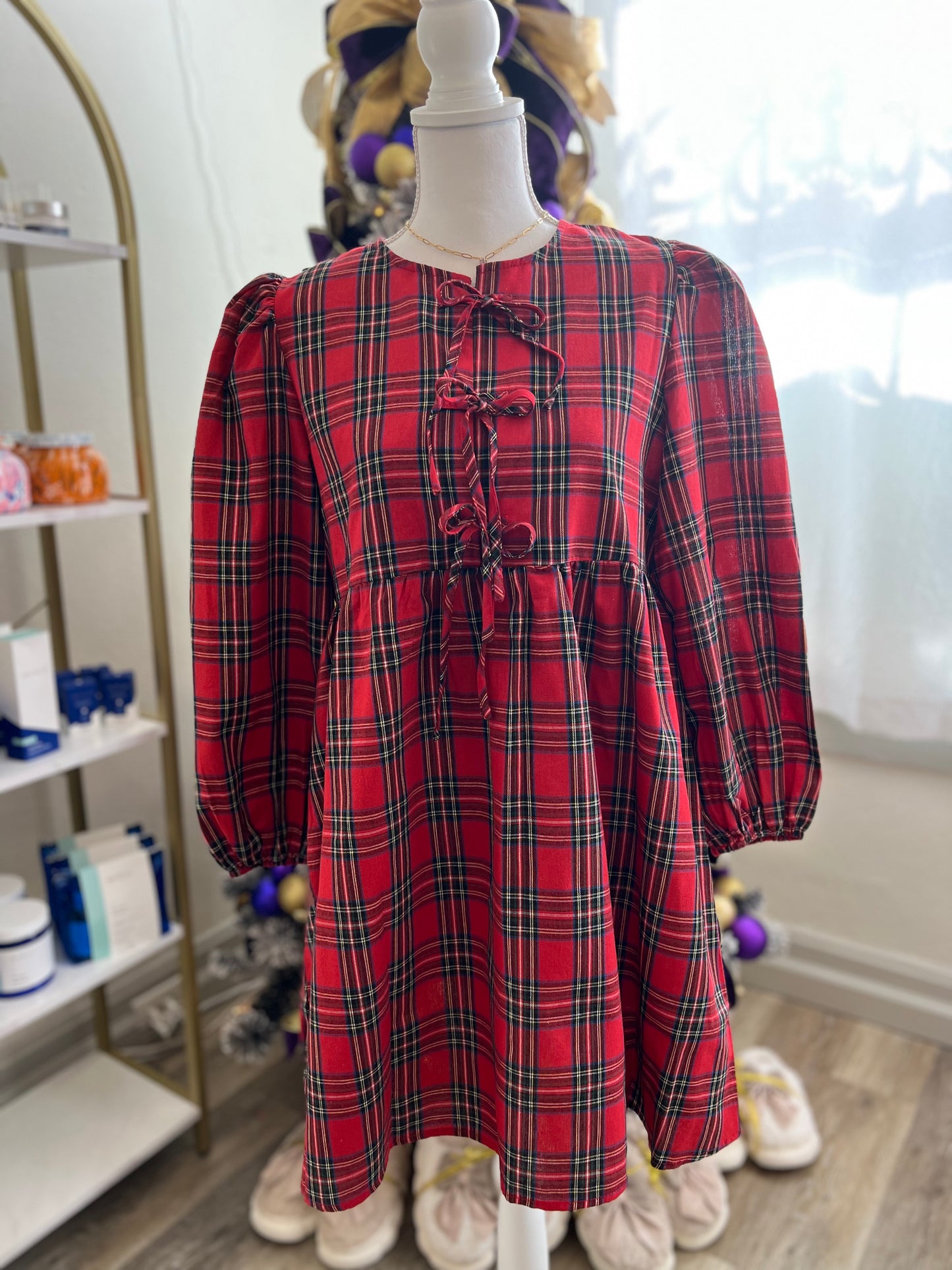 Red Bow Tie Plaid Christmas Dress