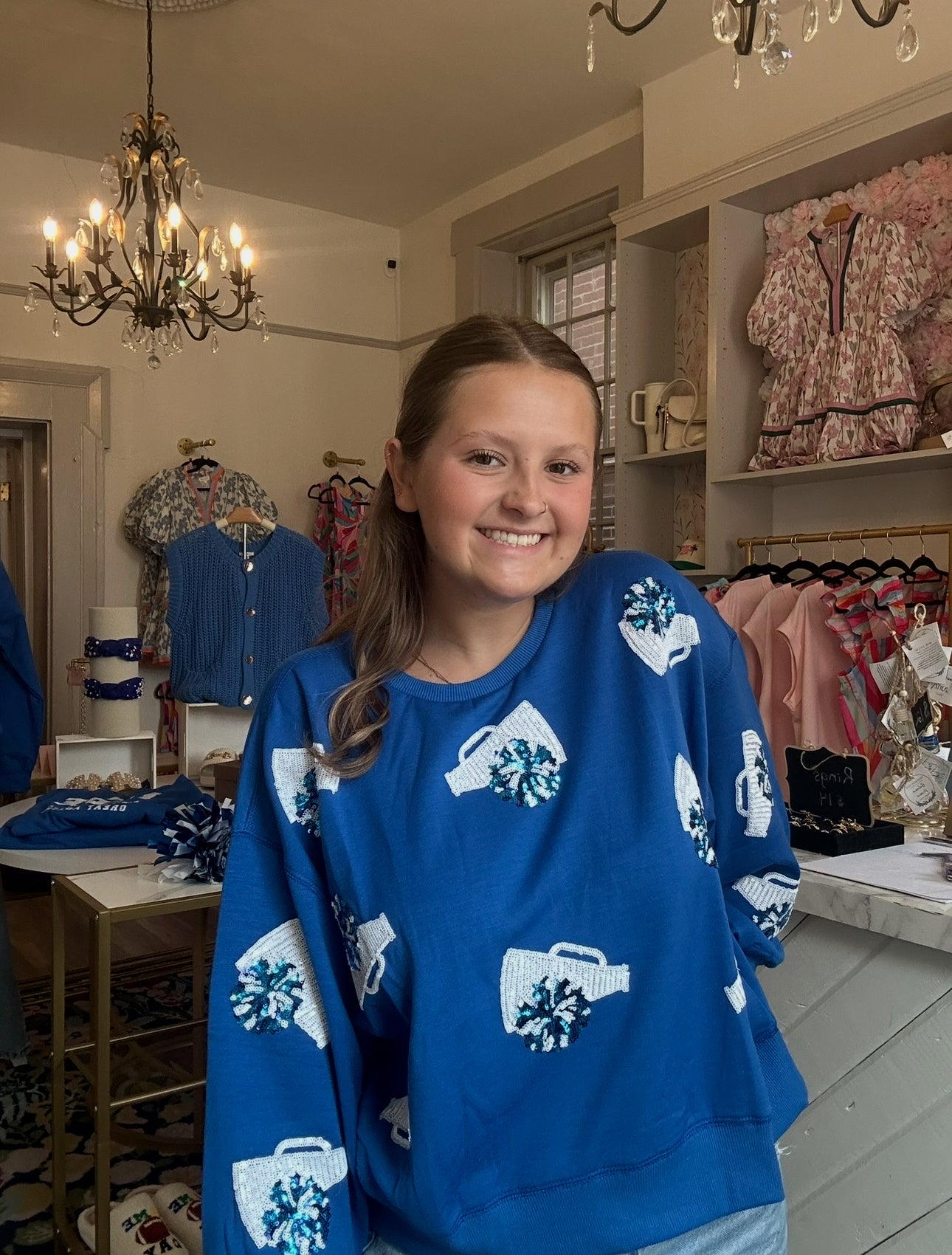 Cheerleader Blue Sequin Megaphone Sweatshirt