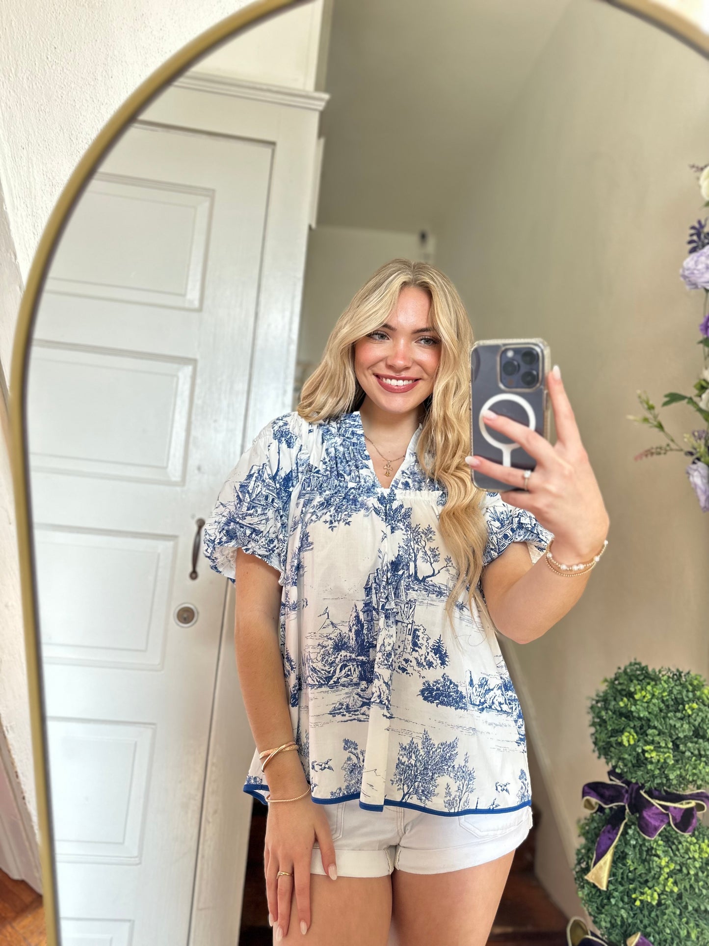 Elizabeth Toile Print Top in Blue and White