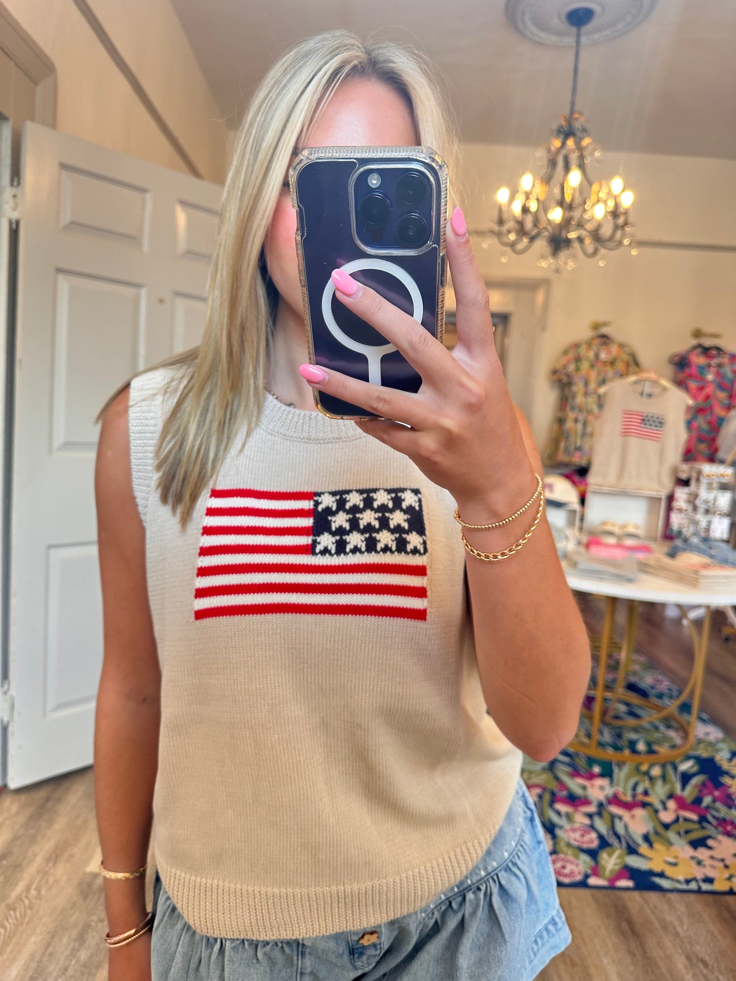 USA Flag Tank Sweater in Beige