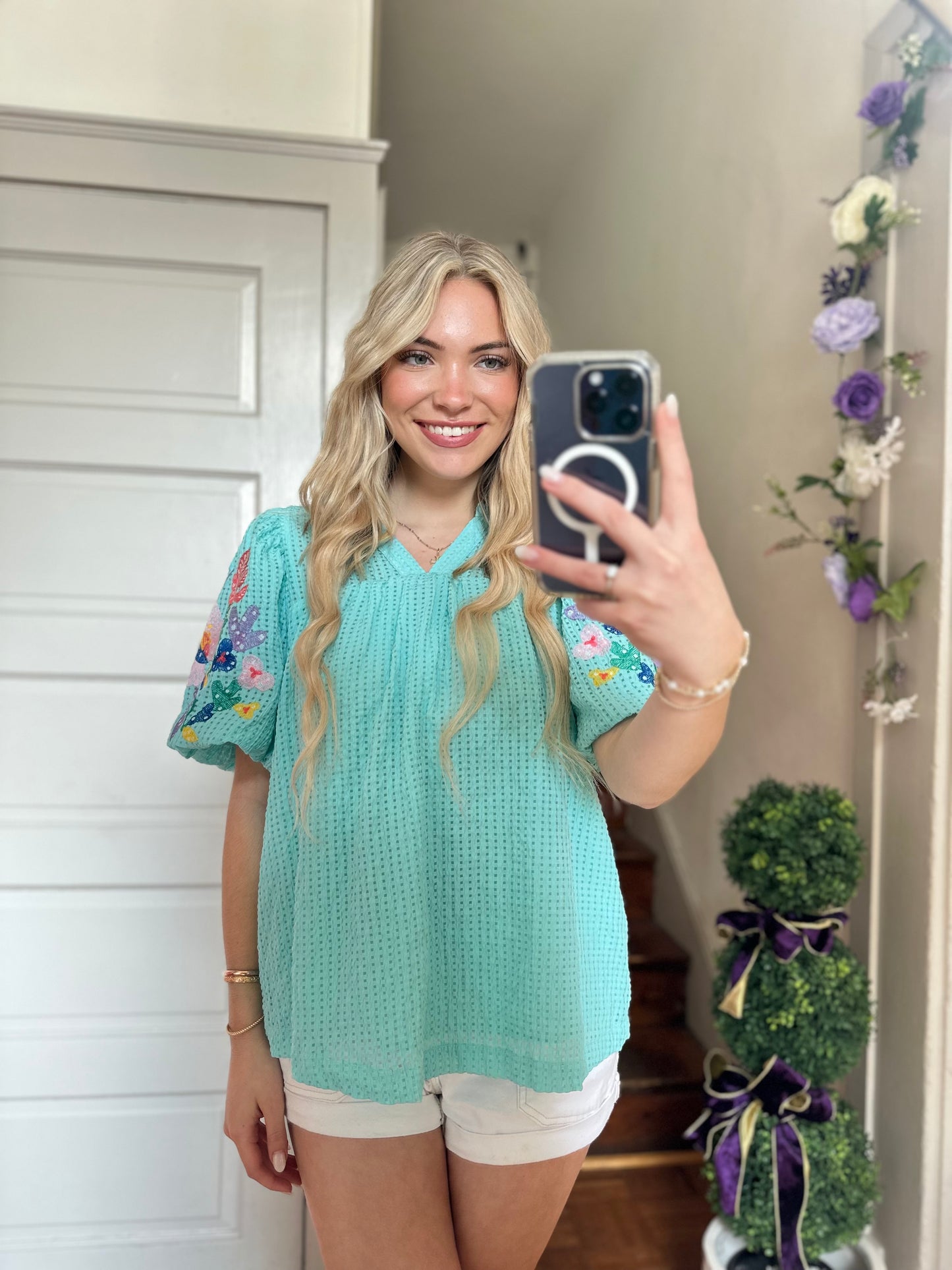 Maya Mint Seersucker Top with Embroidered Sleeves