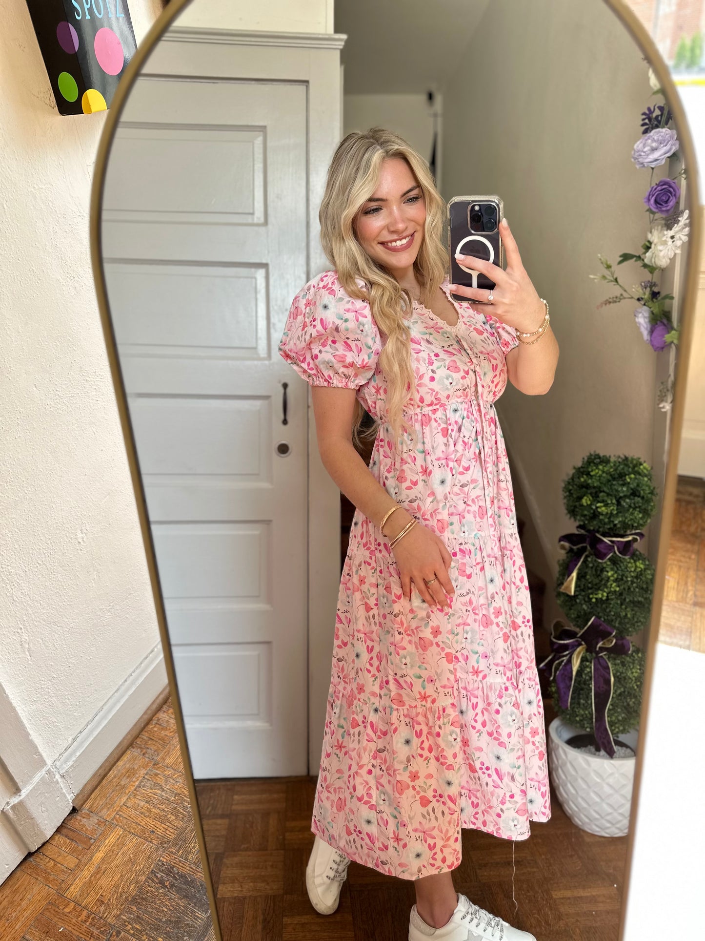 Paige Pink and White Floral Print Midi Dress