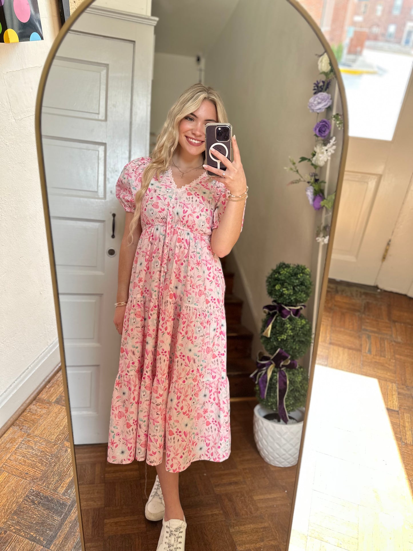 Paige Pink and White Floral Print Midi Dress
