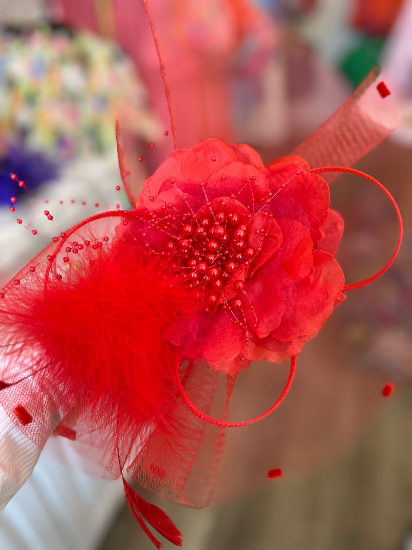 Floral Feathered Red Facinator