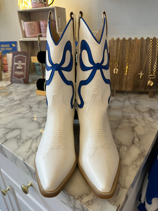 Bow Boots in Blue and White