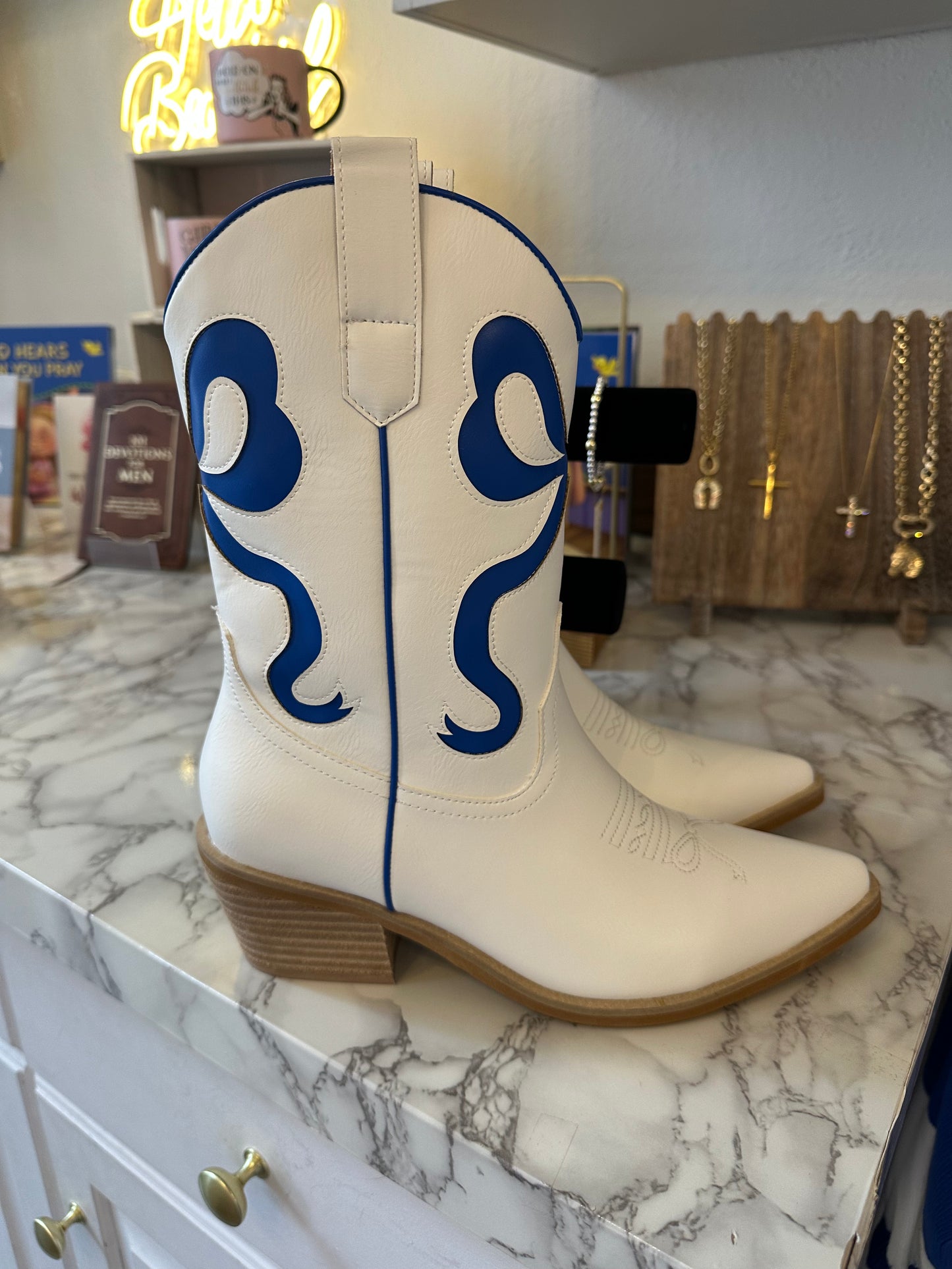 Bow Boots in Blue and White