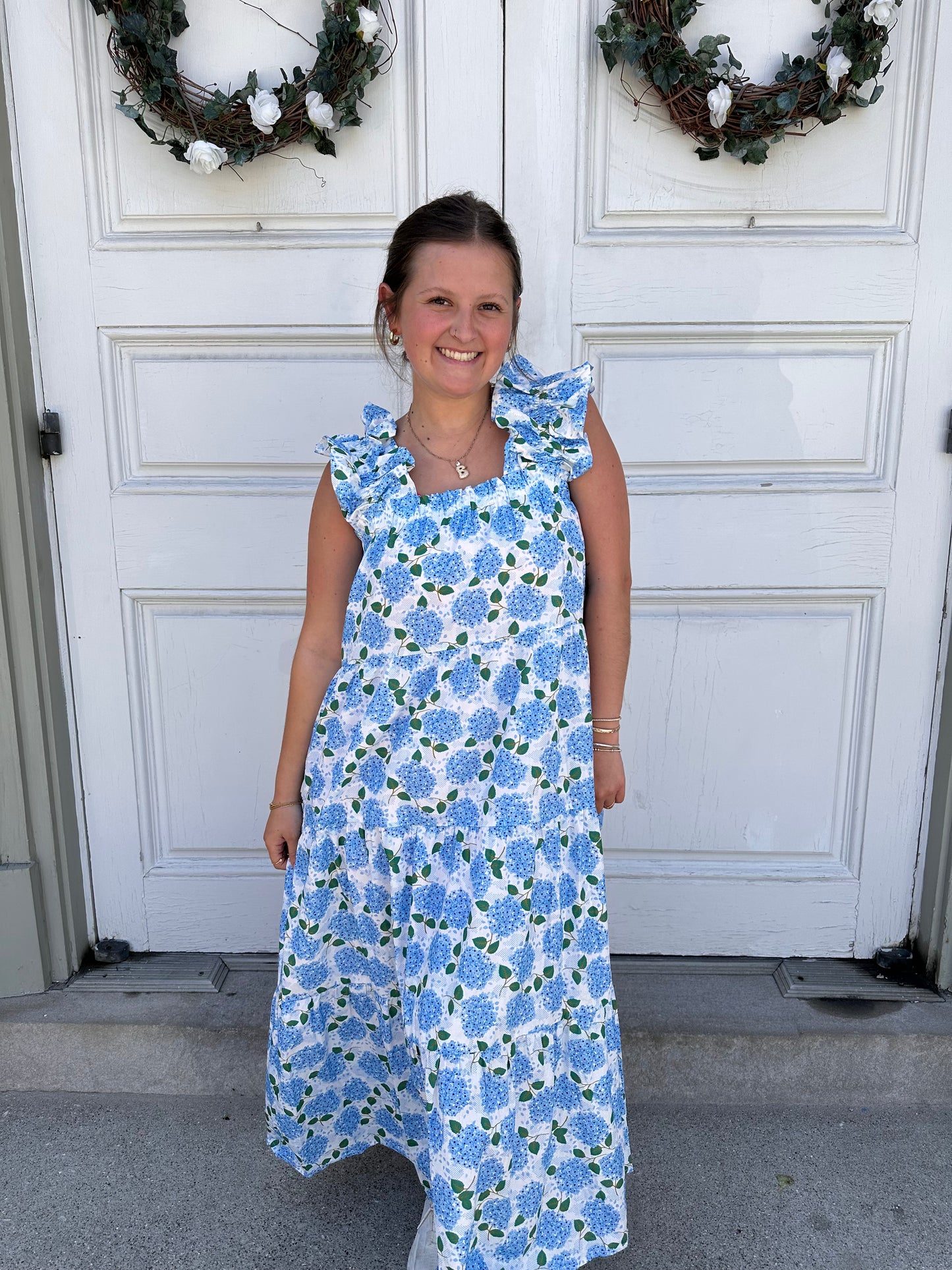 Abby Blue Floral Hydrangea Maxi Dress