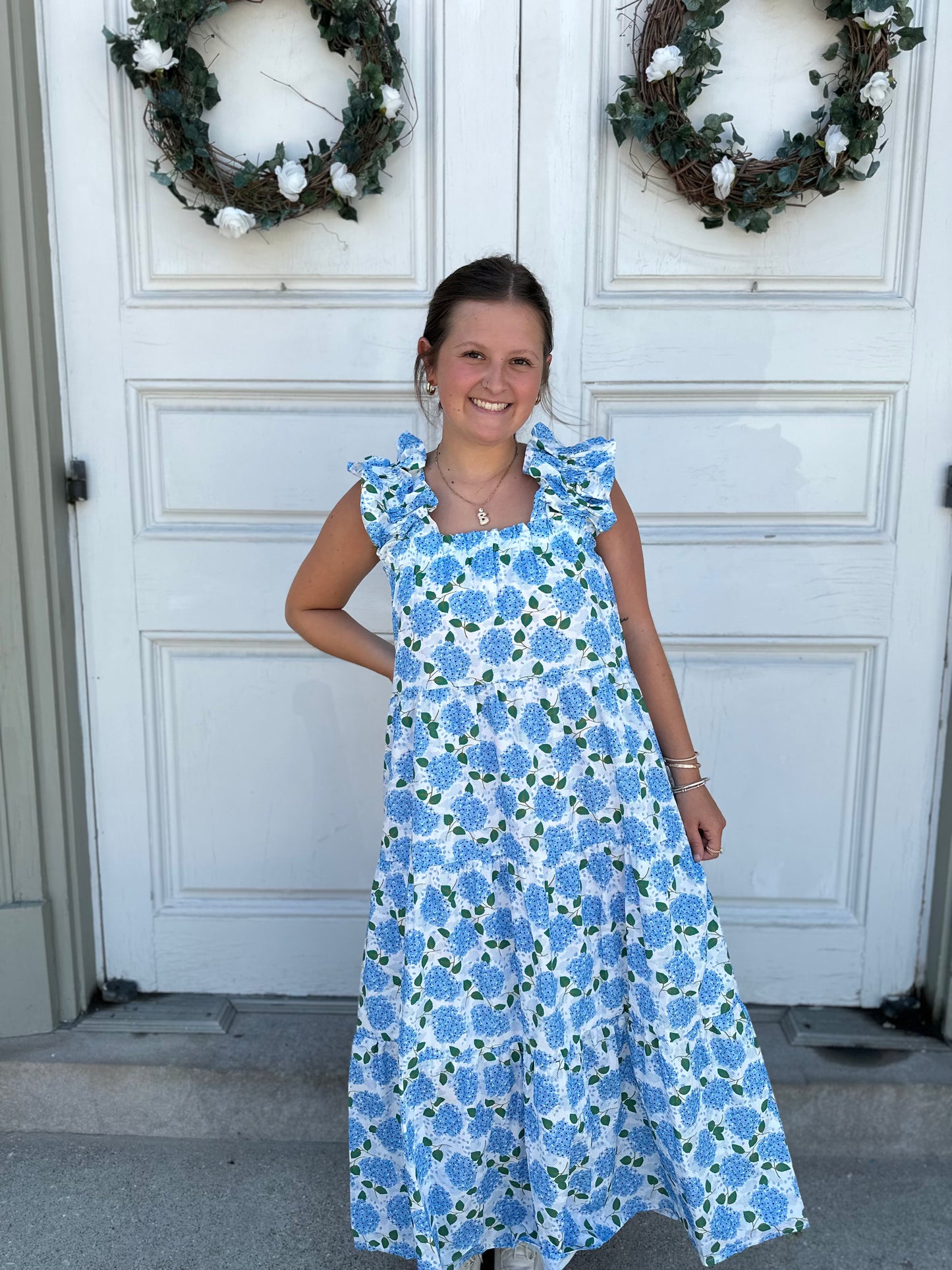 Abby Blue Floral Hydrangea Maxi Dress