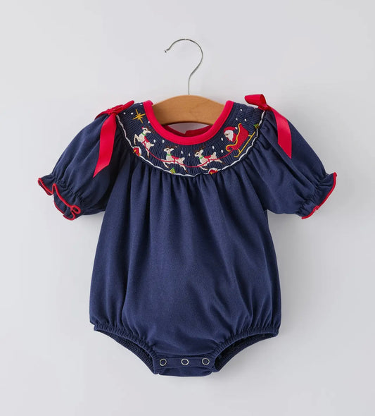 Santa Sleigh Navy Girls Romper