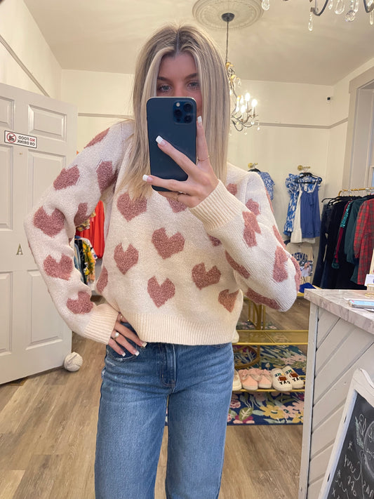 Cupid Heart Print Sweater in Oatmeal