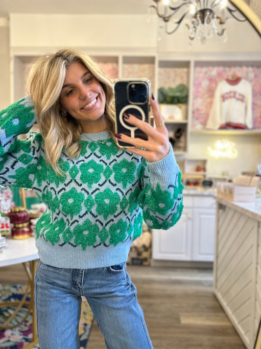 Laney Blue and Green Floral Sweater