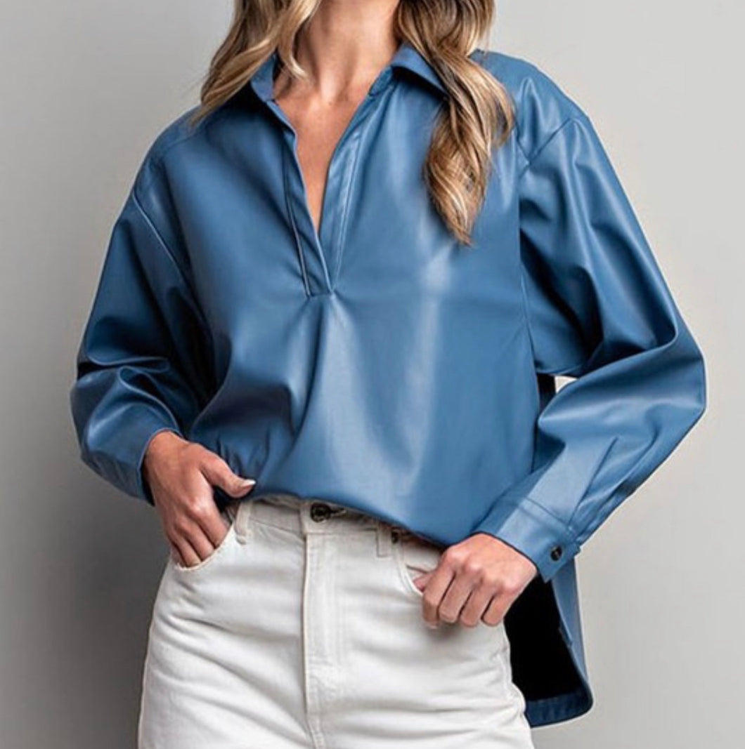 Long Sleeve Blue Pleather Shirt