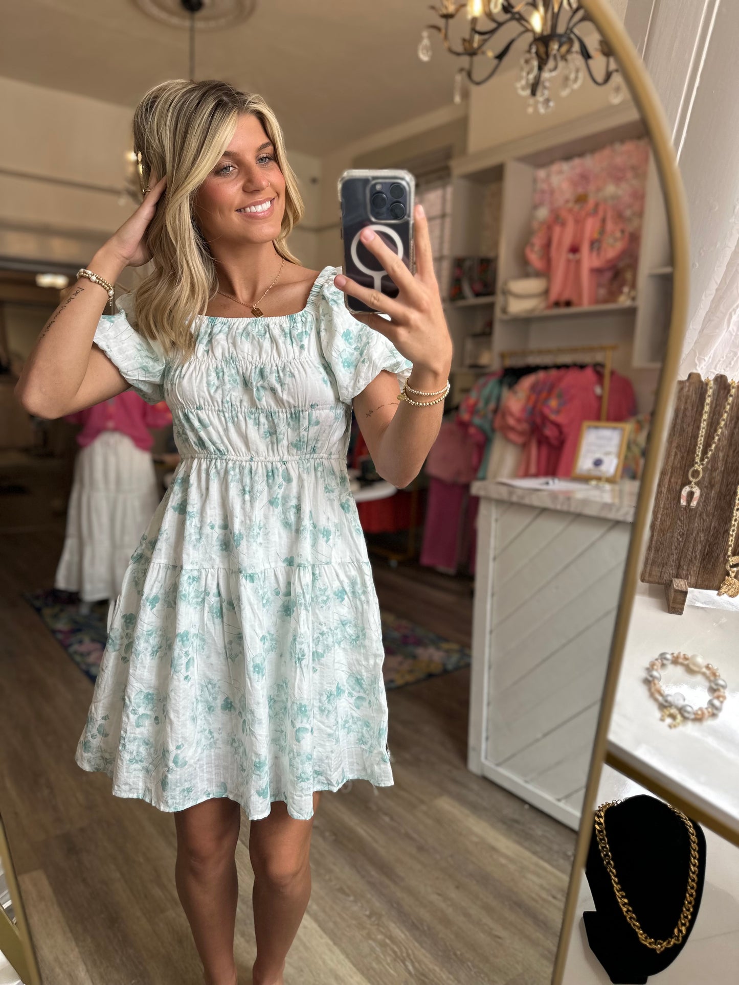 Jade White And Green Mini Dress