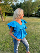 Load image into Gallery viewer, Blue Vneck Ruffle Sleeve Top
