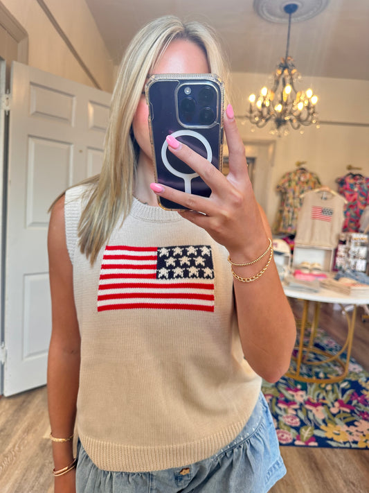 USA Flag Tank Sweater in Beige