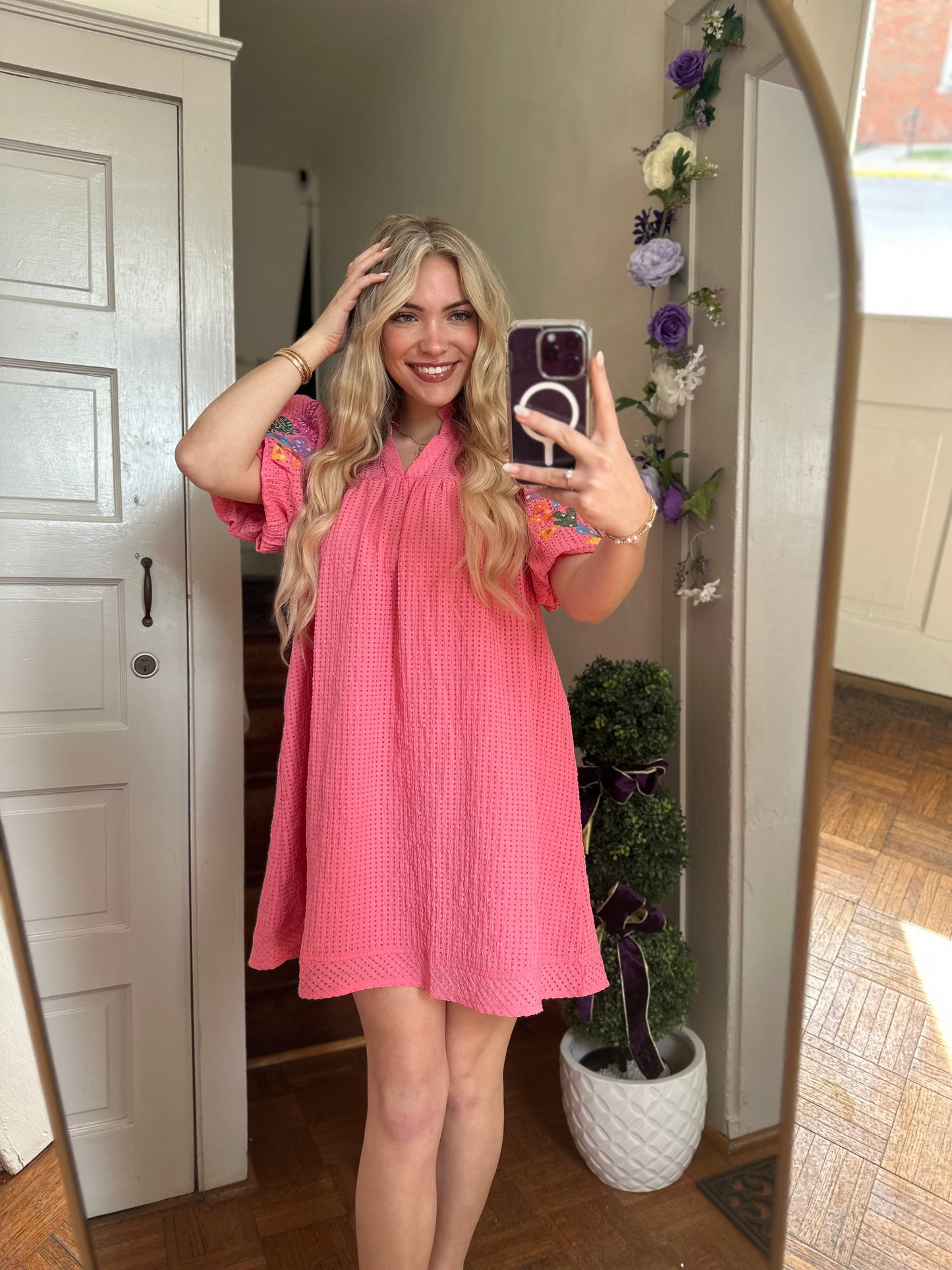 Caroline Seersucker Coral Embroidered Mini Dress