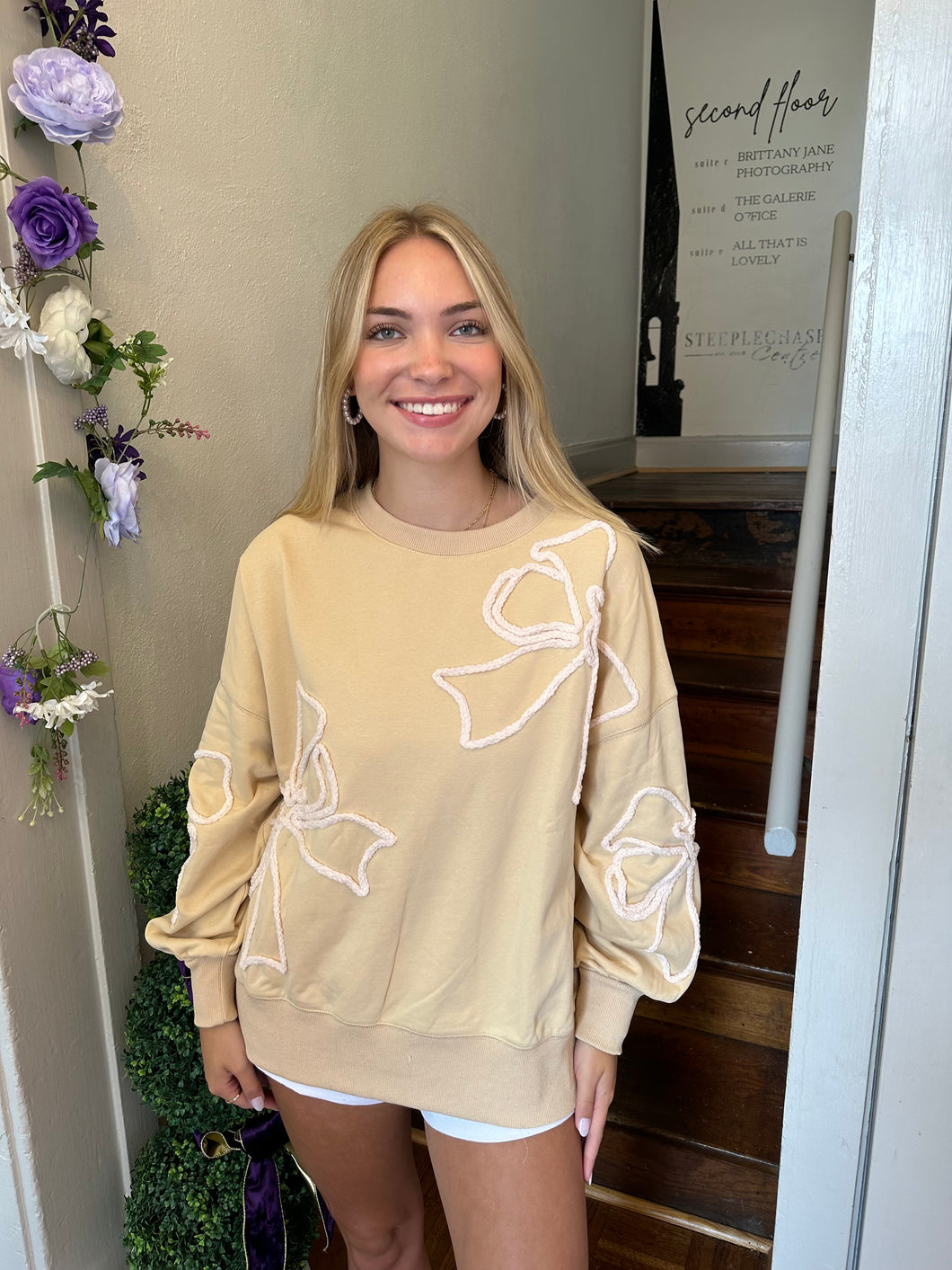 “Bella” Bow Sweatshirt in Beige