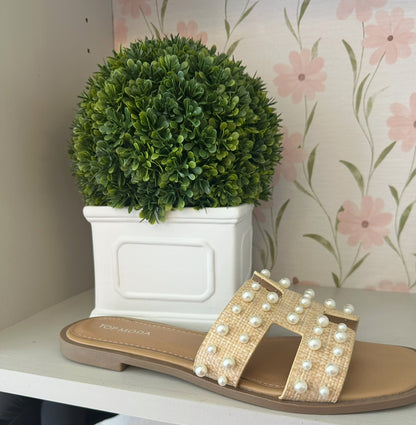Ivy Pearl Embellished Beige Raffia Sandals