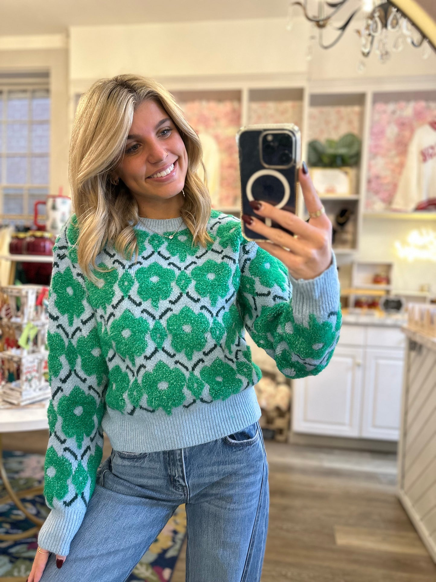 Laney Blue and Green Floral Sweater