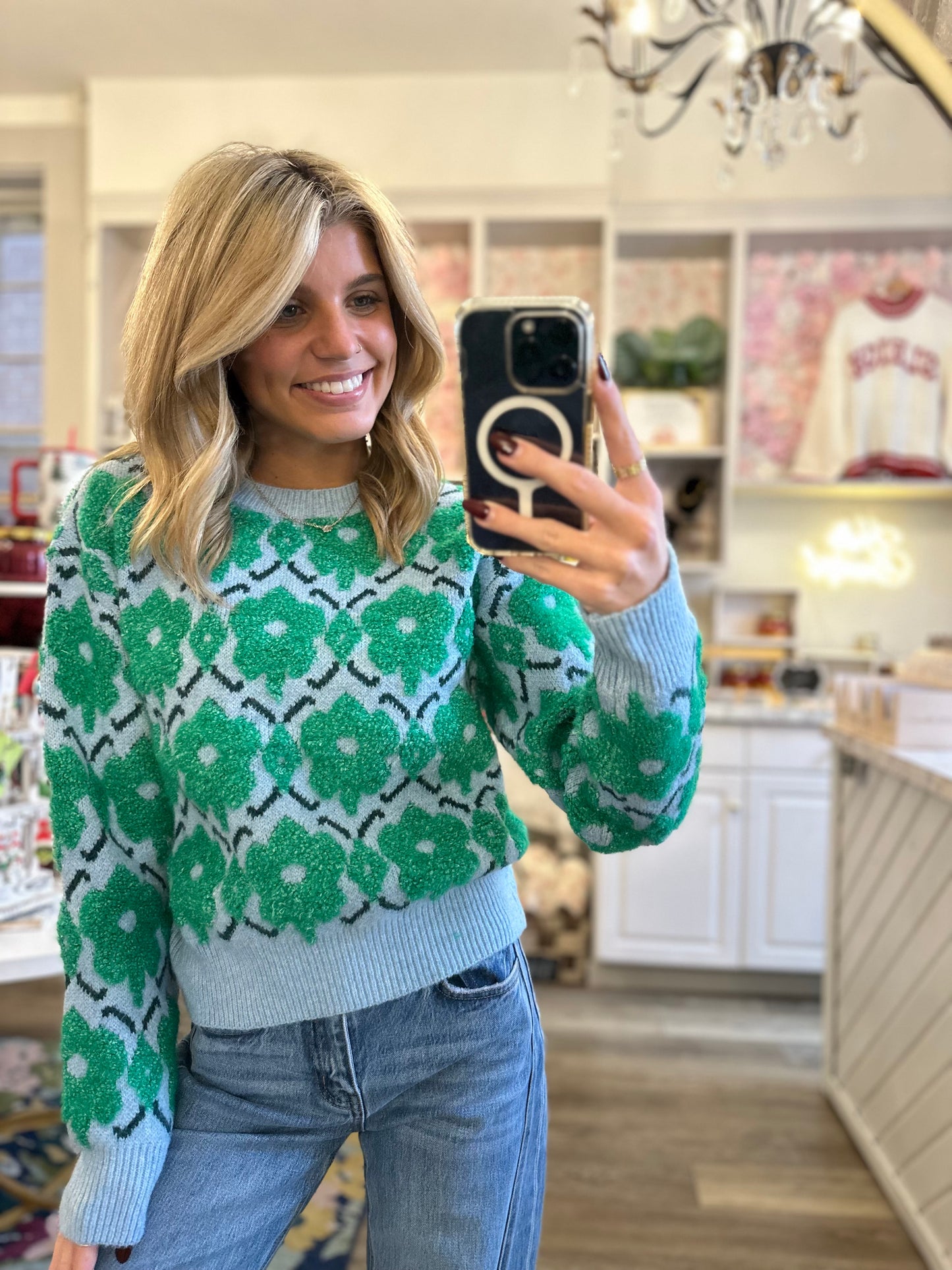 Laney Blue and Green Floral Sweater