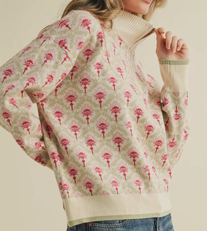 Sage Floral Quarter Zip Sweater