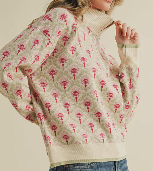Sage Floral Quarter Zip Sweater