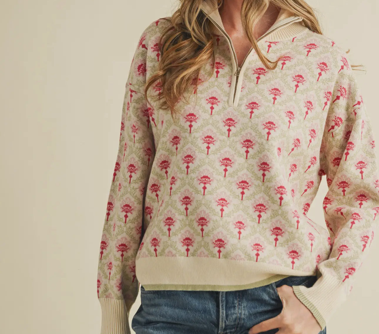 Sage Floral Quarter Zip Sweater