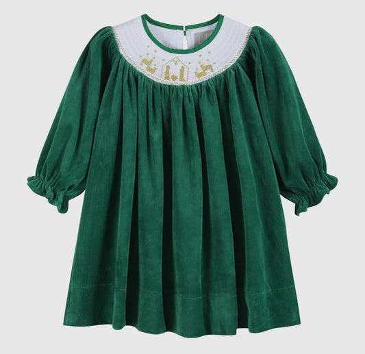 Nativity Green Velvet Smocked Dress