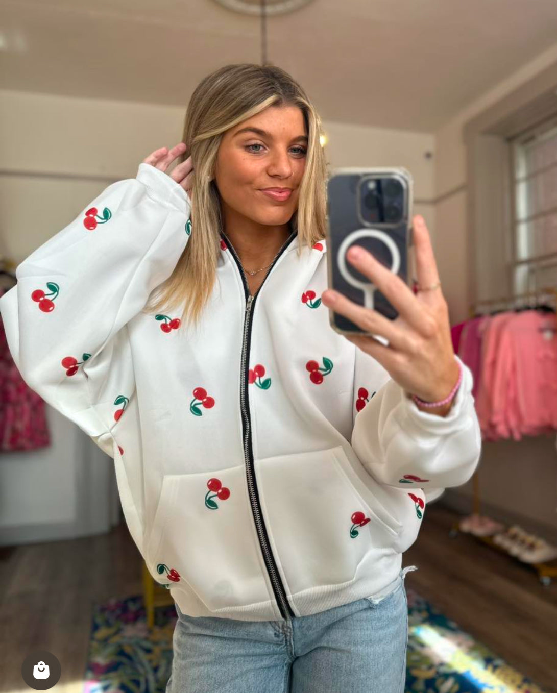 Cherry Zipup Hoodie in White