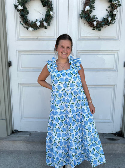Abby Blue Floral Hydrangea Maxi Dress