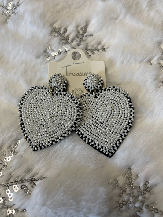 Beaded White Heart Earrings