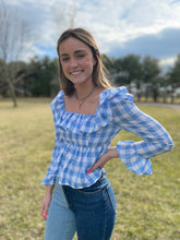 Load image into Gallery viewer, Picnic Blue and White Ruffle Top
